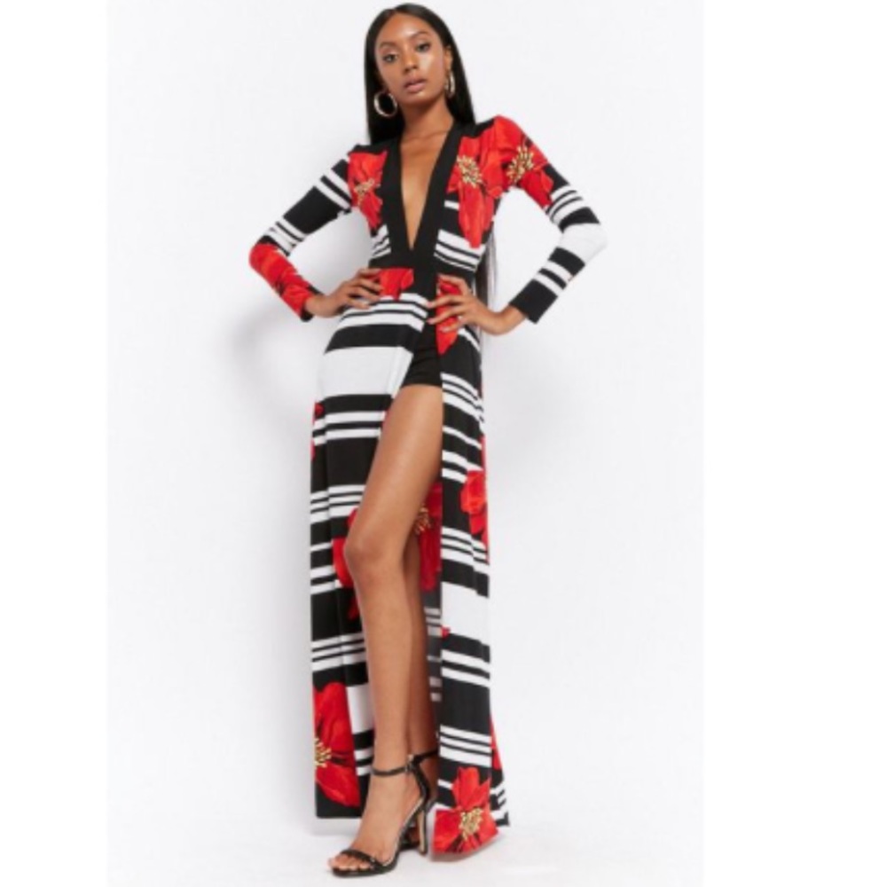 Forever 21 Floral Striped Maxi Skort Romper